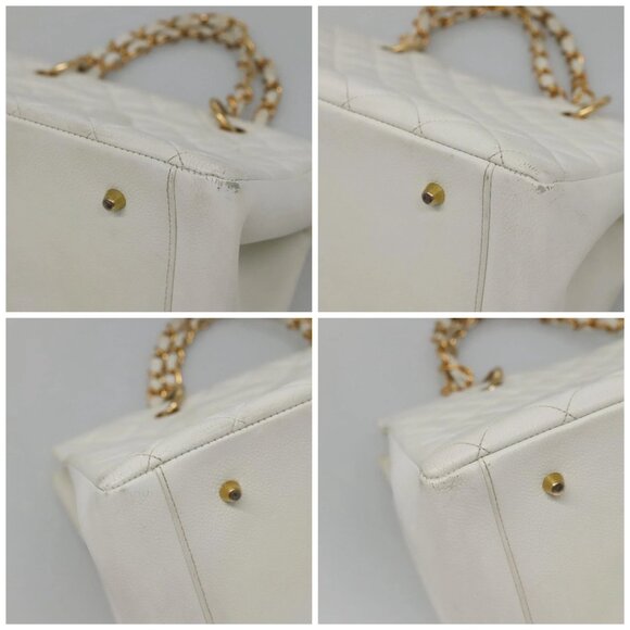 CHANEL COCO Mark Chain Hand Bag Grained Calf Skin White Gold CC Auth gh687 - Picture 14 of 16